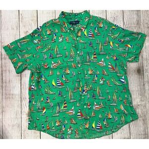 Ralph Lauren Summer Linen Button Down Shirt Green Boats Size XXL
